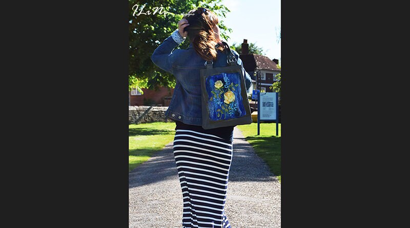 Blue Roses - OOAK handmade leather handbag with silk embroidered yellow roses on blue felt