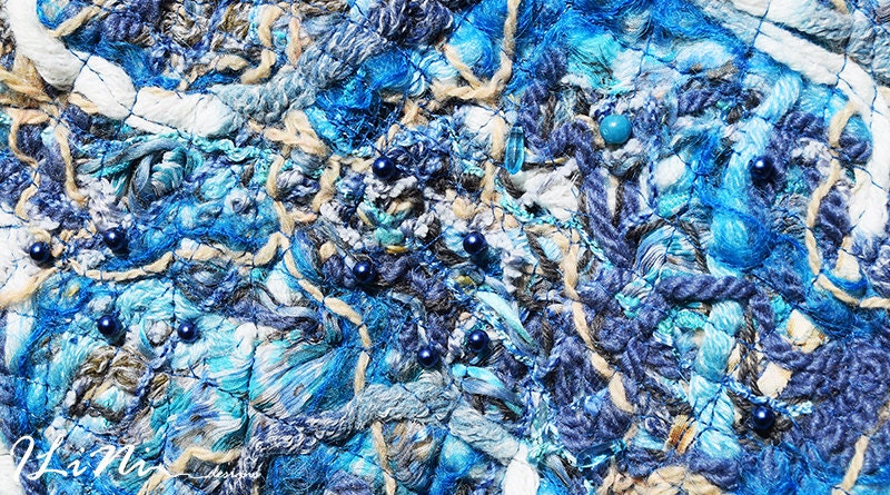 OOAK Handmade wrap / shawl in crazy felt technique from blue fibres ( wool / silk / synthetic / mohair )
