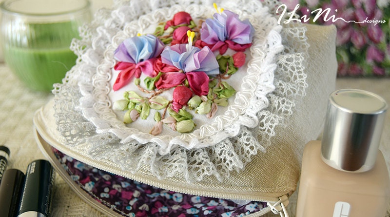 Handmade makeup bag with fuchsias - hand embroidery detail with silk ribbon embroidery - a truly vintage inspired design