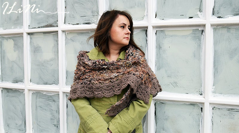 OOAK Handmade wrap / shawl in crazy felt technique from brown fibres ( wool / silk / alpaca / synthetic / mohair ) and knitted detail