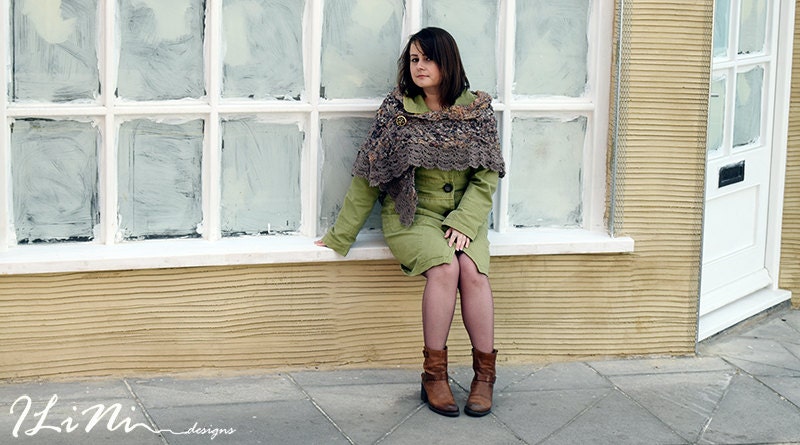 OOAK Handmade wrap / shawl in crazy felt technique from brown fibres ( wool / silk / alpaca / synthetic / mohair ) and knitted detail