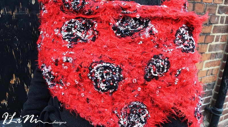 OOAK Handmade scarf / shawl in crazy felt technique from red and black fibres ( wool / silk / synthetic / mohair )