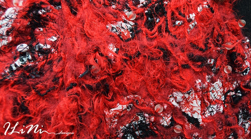 OOAK Handmade scarf / shawl in crazy felt technique from red and black fibres ( wool / silk / synthetic / mohair )