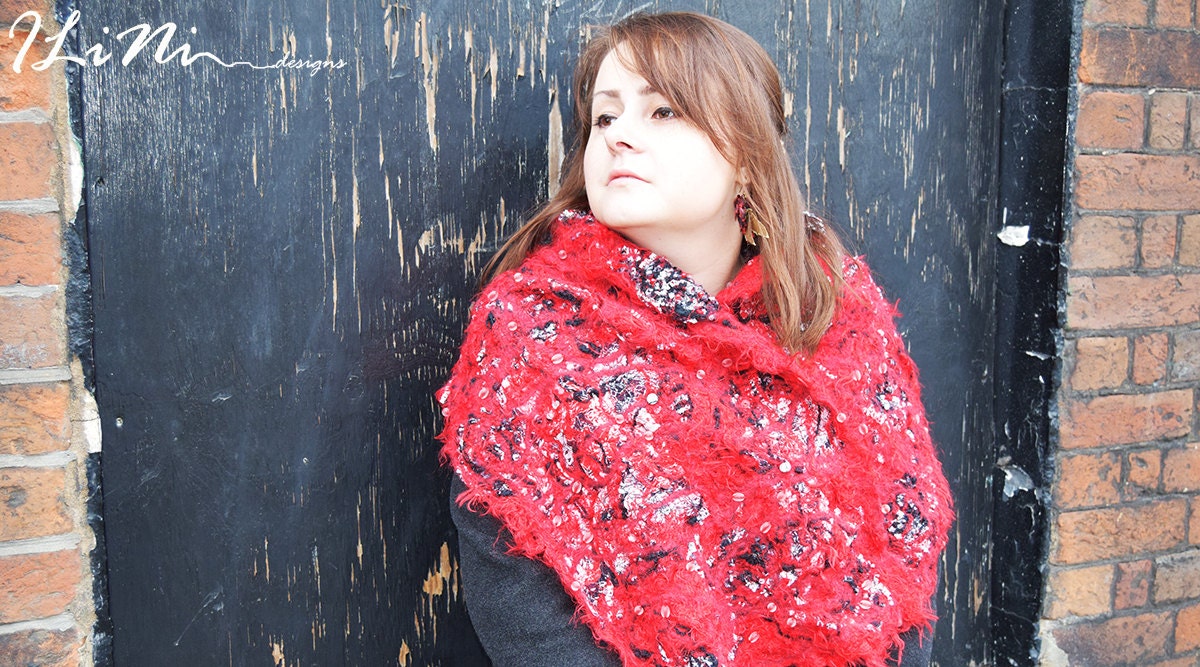 OOAK Handmade scarf / shawl in crazy felt technique from red and black fibres ( wool / silk / synthetic / mohair )
