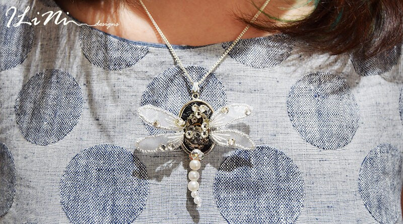 OOAK white dragonfly steampunk necklace