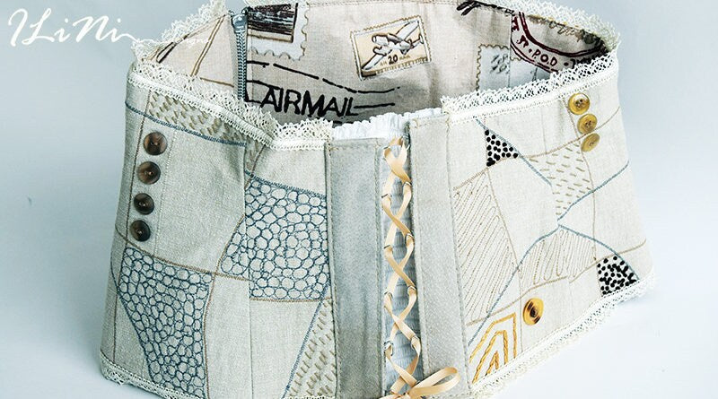 OOAK Handmade corset belt (32" - 34") with wild sorghum and a snail - summer edition - hand embroidery detail in silk and cotton