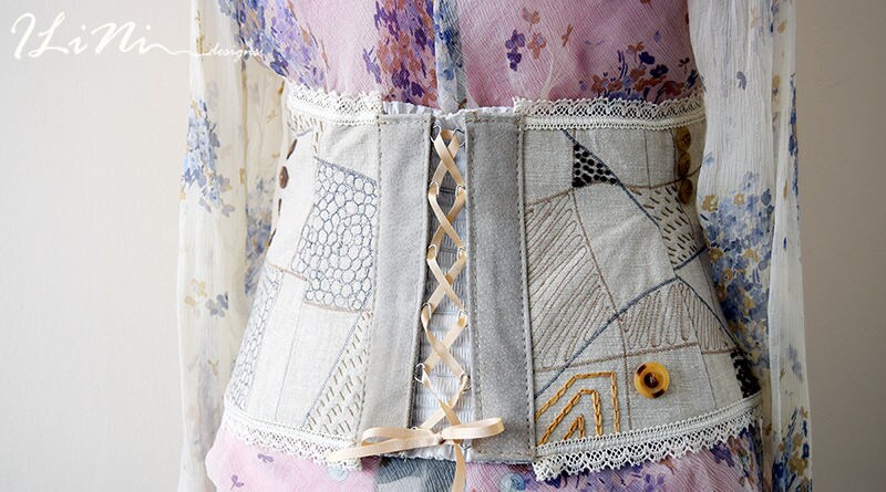 OOAK Handmade corset belt (32" - 34") with wild sorghum and a snail - summer edition - hand embroidery detail in silk and cotton