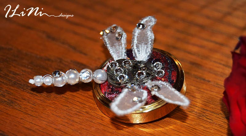 OOAK white dragonfly steampunk brooch