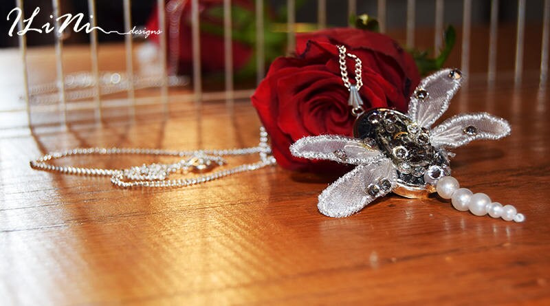 OOAK white dragonfly steampunk necklace