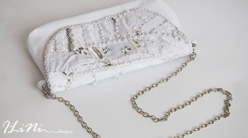 White - OOAK handmade leather evening handbag with silk roses perfect for a wedding