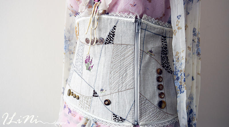 OOAK Handmade corset belt (32" - 34") with wild sorghum and a snail - summer edition - hand embroidery detail in silk and cotton