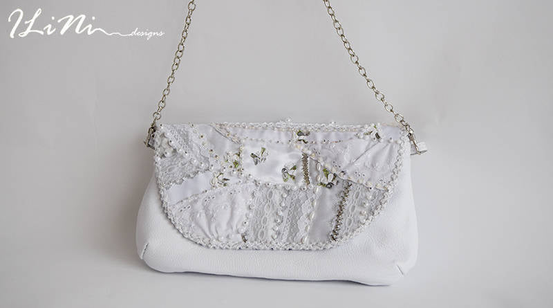 White - OOAK handmade leather evening handbag with silk roses perfect for a wedding