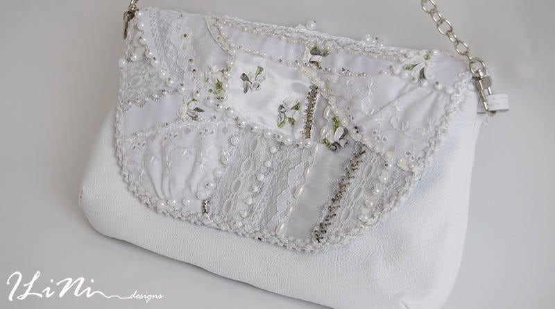 White - OOAK handmade leather evening handbag with silk roses perfect for a wedding