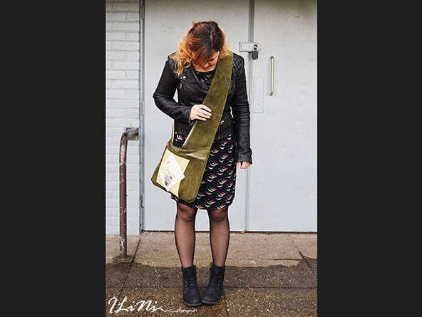Chamomile on a olive green bag - OOAK handmade leather handbag with silk embroidery