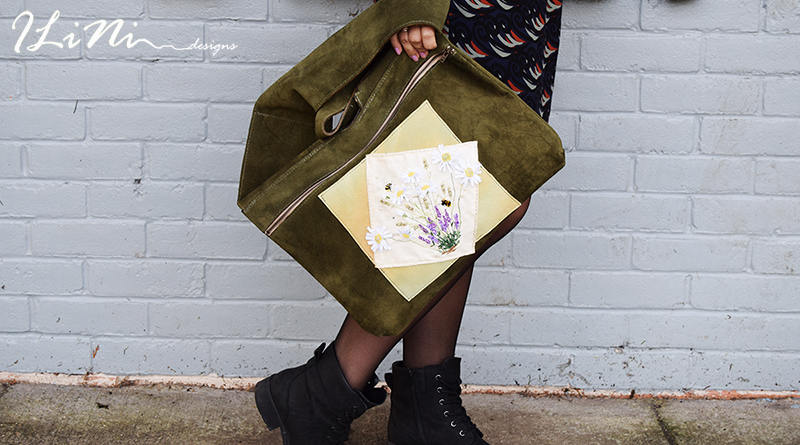 Chamomile on a olive green bag - OOAK handmade leather handbag with silk embroidery