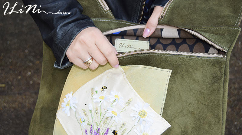 Chamomile on a olive green bag - OOAK handmade leather handbag with silk embroidery