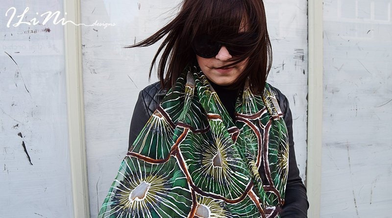 OOAK Handmade Kiwi Silk Scarf with kiwis with felt detail