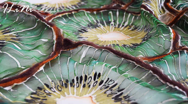 OOAK Handmade Kiwi Silk Scarf with kiwis with felt detail