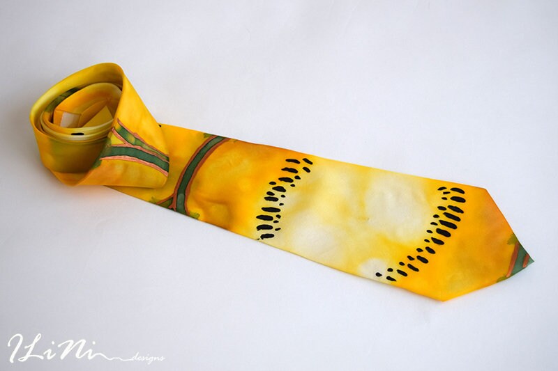 OOAK Hand Painted Unique Yellow Melon Silk Tie