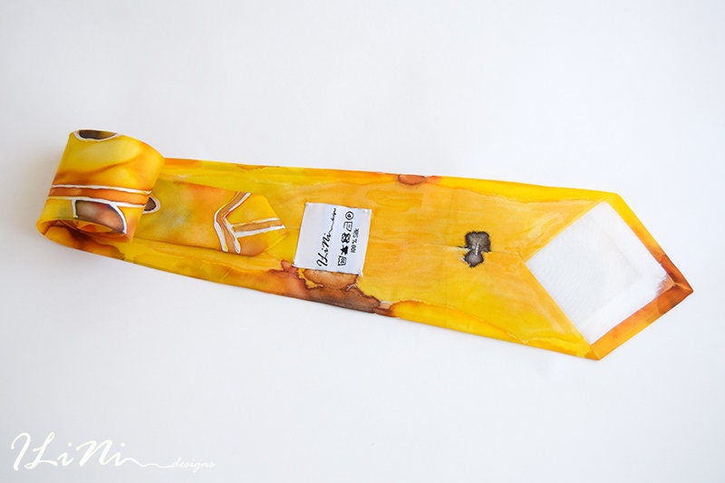 OOAK Hand Painted Unique Yellow Apricot Silk Tie