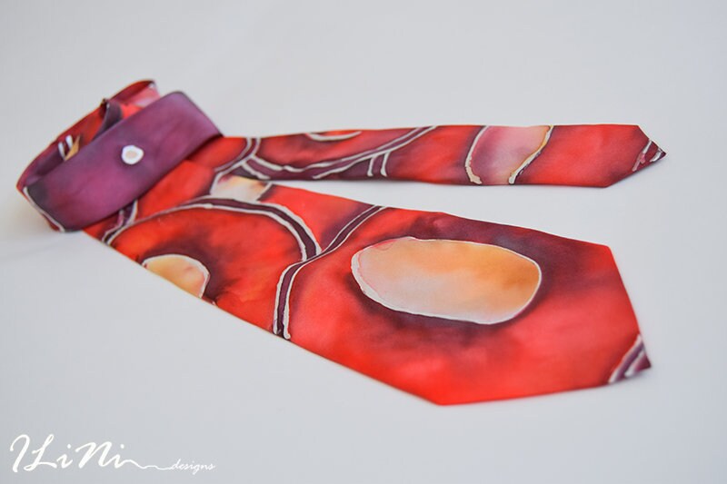 OOAK Hand Painted Unique Red Cherry Silk Tie