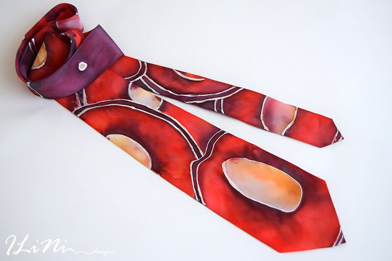OOAK Hand Painted Unique Red Cherry Silk Tie