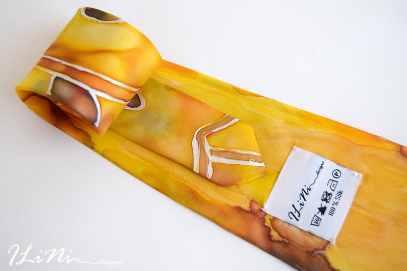 OOAK Hand Painted Unique Yellow Apricot Silk Tie