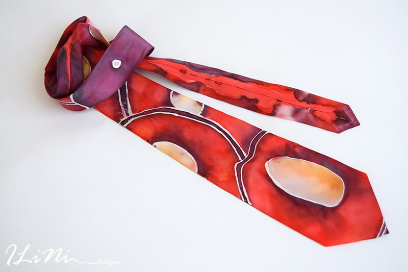 OOAK Hand Painted Unique Red Cherry Silk Tie