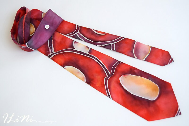 OOAK Hand Painted Unique Red Cherry Silk Tie