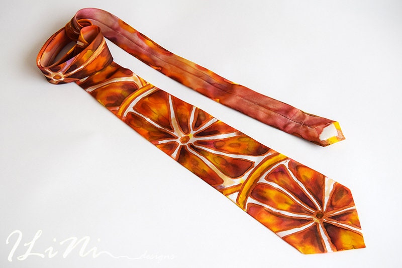 OOAK Hand Painted Unique Dreamy Blood Orange Silk Tie