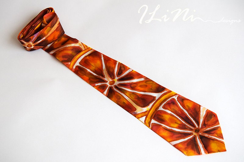 OOAK Hand Painted Unique Dreamy Blood Orange Silk Tie