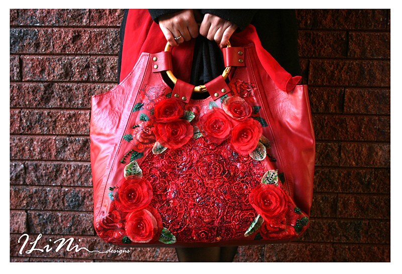 Rose - OOAK handmade leather handbag with altered fabric