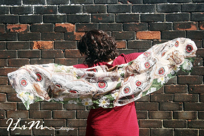 OOAK Handmade Butterfly Silk Scarf with butterflies with felt and bead detail