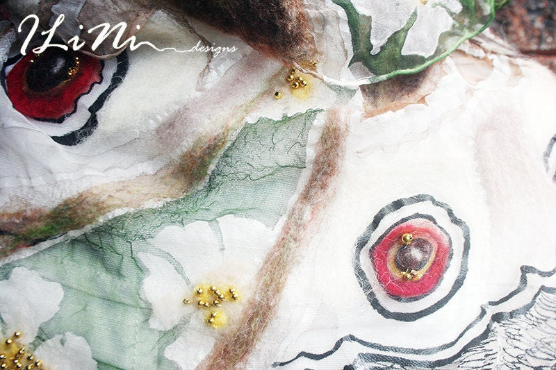 OOAK Handmade Butterfly Silk Scarf with butterflies with felt and bead detail