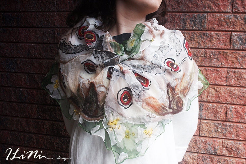 OOAK Handmade Butterfly Silk Scarf with butterflies with felt and bead detail