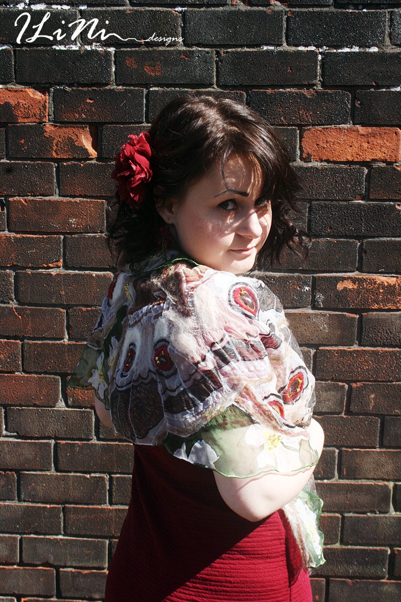 OOAK Handmade Butterfly Silk Scarf with butterflies with felt and bead detail