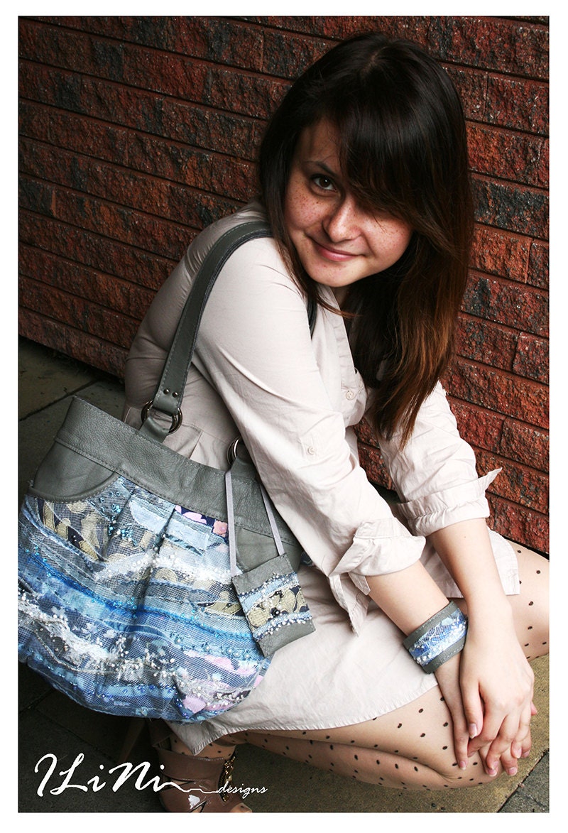 Blue Waves - OOAK handmade handbag with leather detail and hand made fabric, with matching bracelet and belt in tones of blue