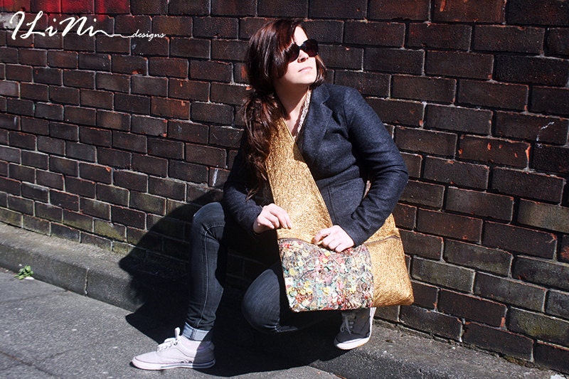 Sunny roses on a gold bag - OOAK handmade leather handbag with altered fabric in gold, yellow and brown tones
