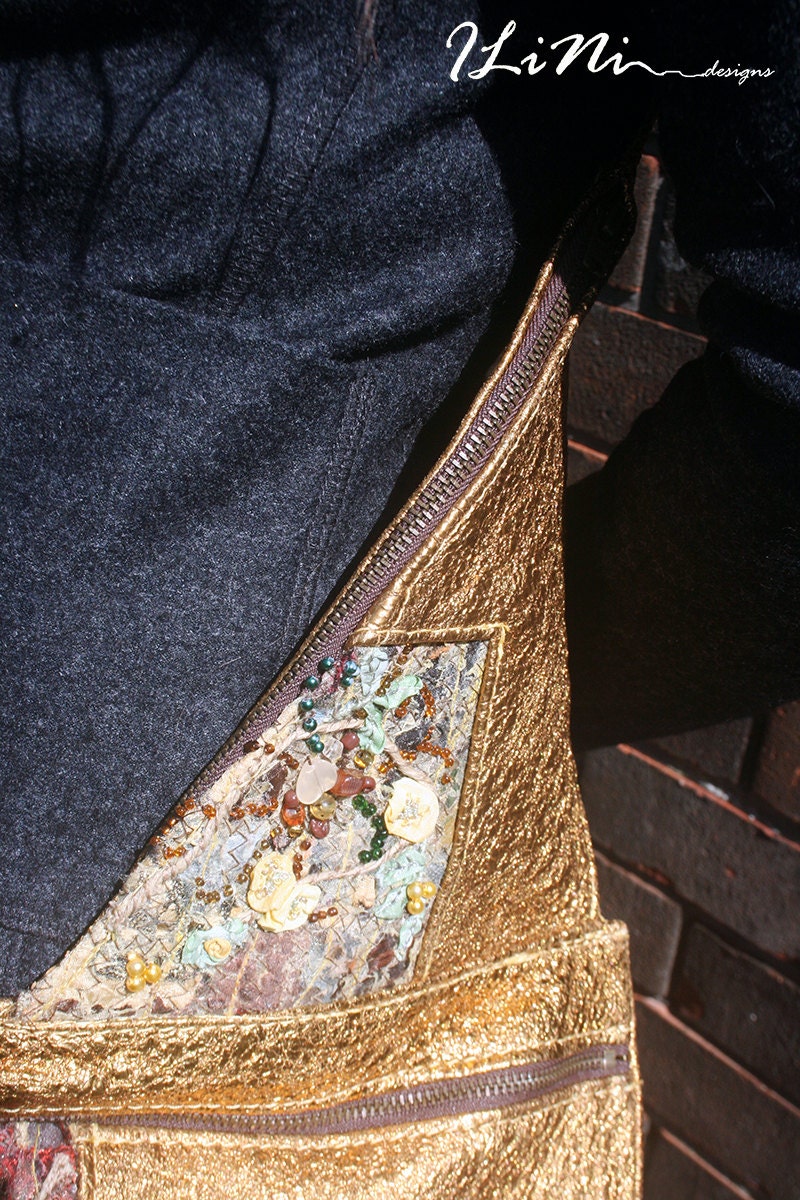 Sunny roses on a gold bag - OOAK handmade leather handbag with altered fabric in gold, yellow and brown tones