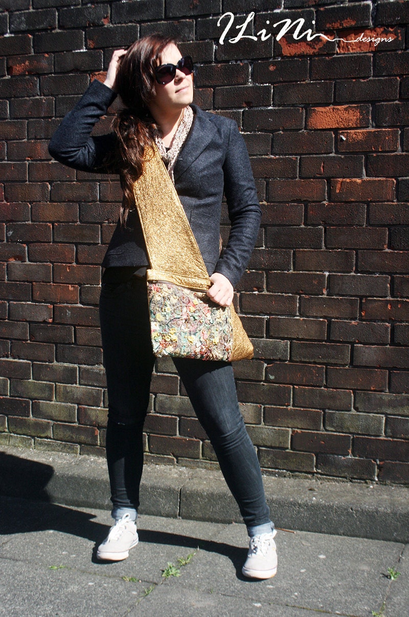 Sunny roses on a gold bag - OOAK handmade leather handbag with altered fabric in gold, yellow and brown tones
