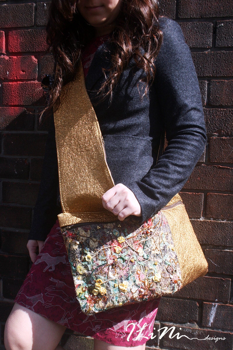 Sunny roses on a gold bag - OOAK handmade leather handbag with altered fabric in gold, yellow and brown tones