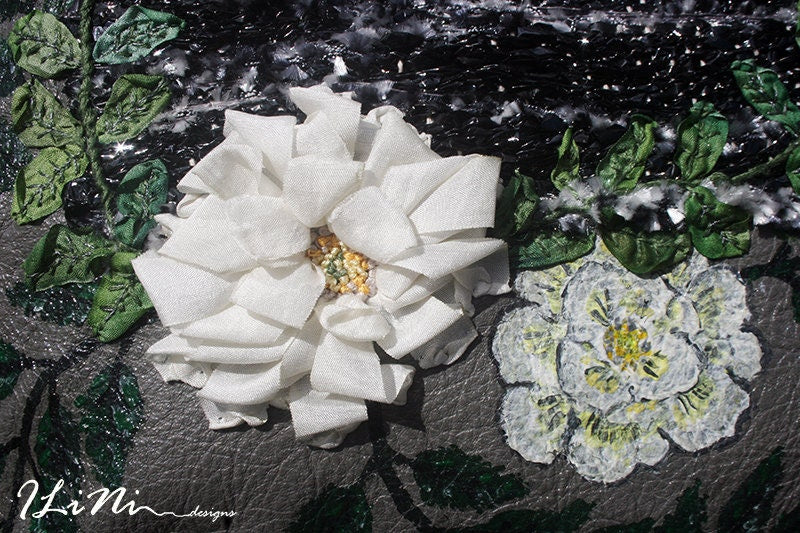 White Elina Rose - OOAK handmade leather handbag with weaving and silk embroidery