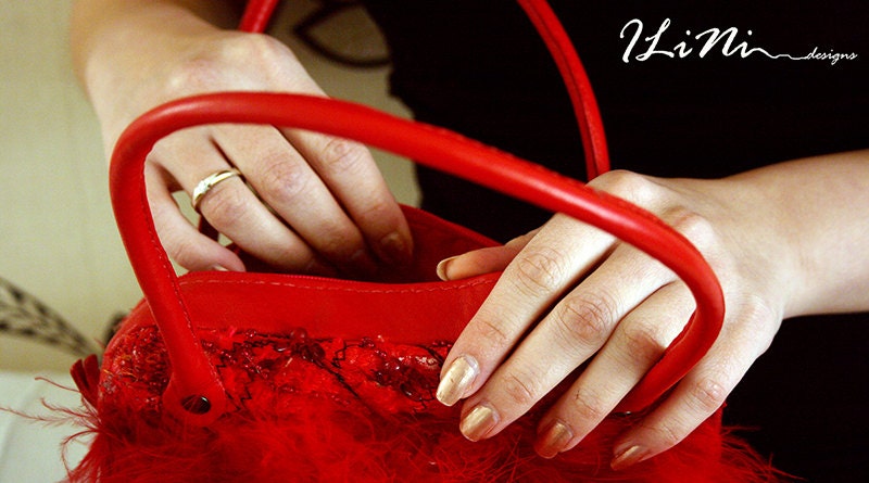 Red Flamingo - OOAK handmade evening handbag with altered fabric and feathers with leather features in red
