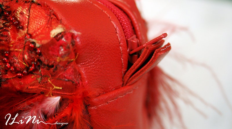 Red Flamingo - OOAK handmade evening handbag with altered fabric and feathers with leather features in red