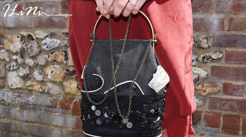 Black and White - OOAK handmade leather evening handbag with silk roses
