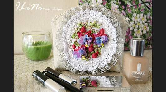 Handmade makeup bag with fuchsias - hand embroidery detail with silk ribbon embroidery - a truly vintage inspired design