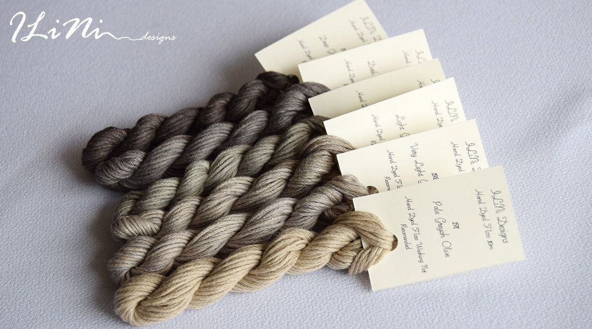 Hand dyed cotton thread / floss (6 strands) light greyish olive (193) for cross stitch / embroidery