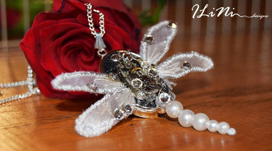OOAK white dragonfly steampunk necklace