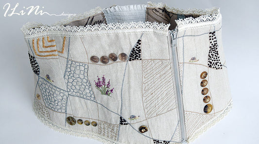 OOAK Handmade corset belt (32" - 34") with wild sorghum and a snail - summer edition - hand embroidery detail in silk and cotton