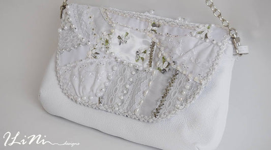 White - OOAK handmade leather evening handbag with silk roses perfect for a wedding